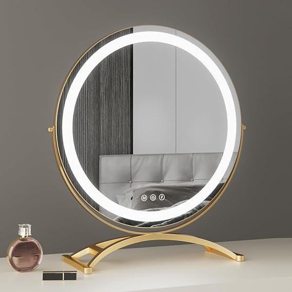Round LED Vanity Mirror with Lights, Lighted Tabletop Makeup Mirror with 360° Rotation Stand, Freestanding Dressing Table Mirror 3-Color Smart Touch Screen, Gold Light Up Mirror