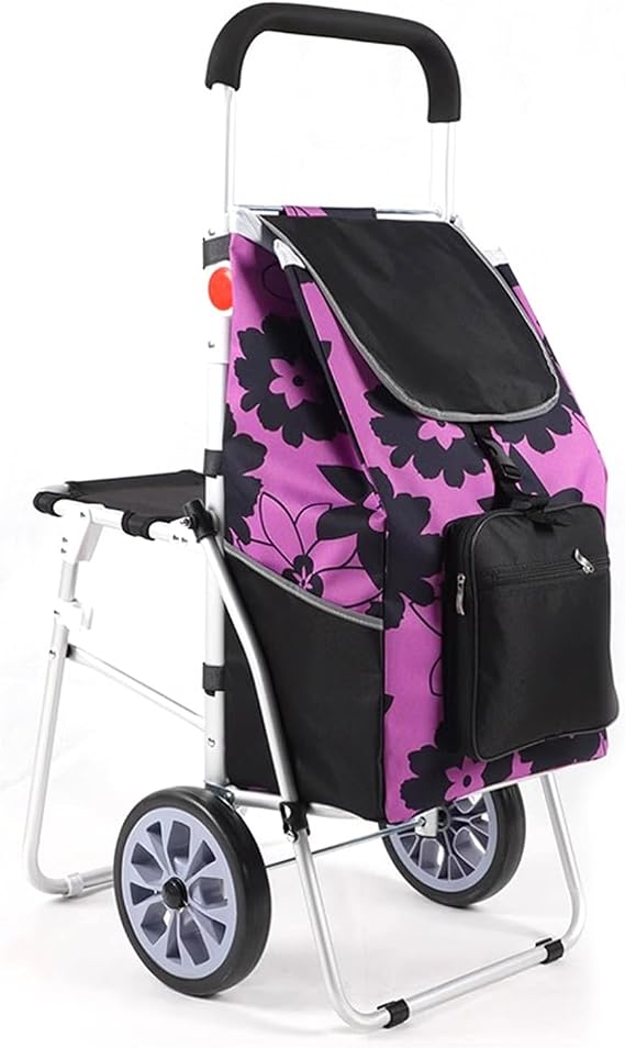 Folding Shopping Cart with Seat, Grocery Cart, 100kg Capacity, Shopping Carts for Groceries, Travel, and Heavy Loads(Purple)