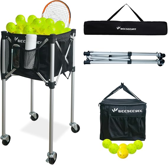 Portable Tennis Ball Hopper Tennis Ball Basket with Wheels Basket Hold Up to 160 Racquetball, Pickleball, Baseball, Badminton