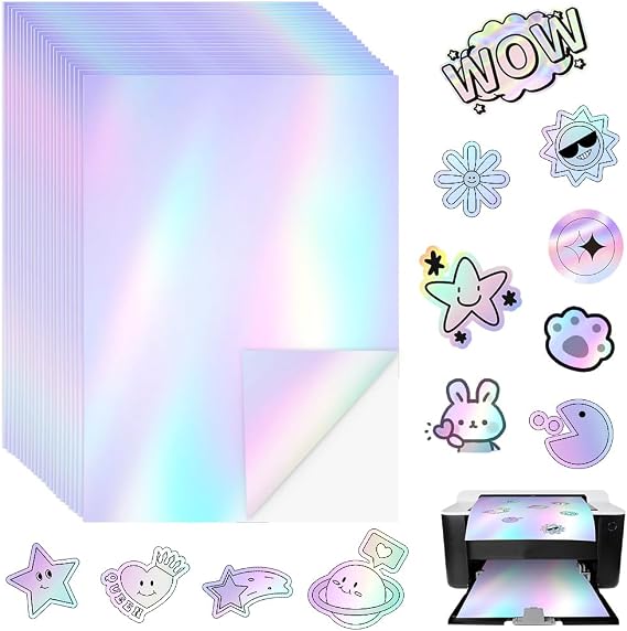 ADERTOS 24 Sheets Sticker and Paper for Printer A4, Holographic Vinyl
