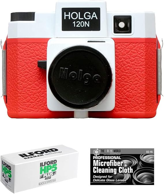 Holga 120N Medium Format Film Camera (Red/White) with Ilford HP5 120 Film Bundle and Microfiber Cloth