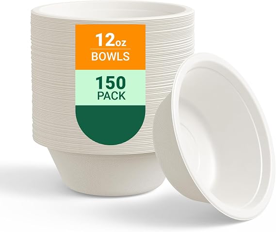 ECOLipak 150 Pack 12 oz Compostable Paper Bowls Disposable, White