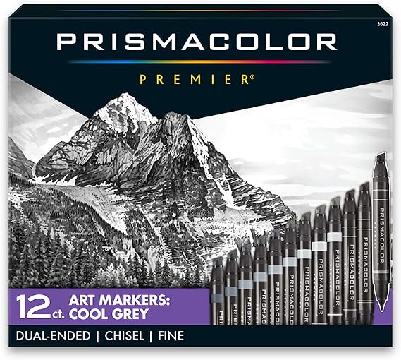 Prismacolor Premier Double-Ended Art Markers, Fine And Chisel Tips, Cool Grey, 12 Count - Adult Coloring, Art Supplies, Drawing