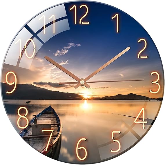 Glass Wall Clock 12 Inch Silent Non Ticking Round Wall Clocks for Living Room Bedroom Hallway Office ((Sunset Blue)