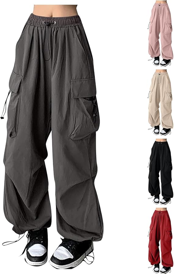 Womens Cargo Parachute Pants Baggy Y2k Hiking High Elastic Waist Pants Drawstring Wide Leg Sweatpants with Flap Pockets Athletic Track Goth Streetwear Pants Active Army Wilderness Casual Pants