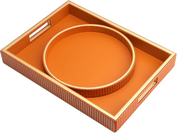 SANZIE Leather Tray Desktop Storage Organizer, Decorative Tray Set, Orange