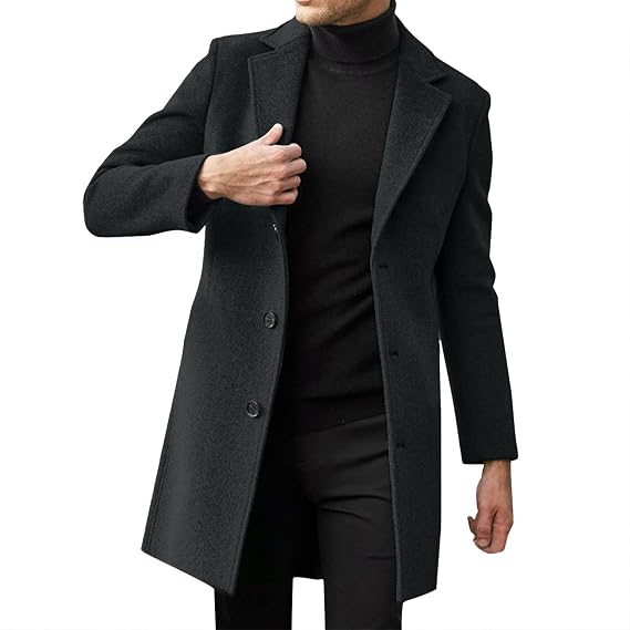 QWENTMTNTY Men's Wool Trench Coat Winter Slim Fit Single-Breasted Peacoat Formal Business Casual Dress Coats Mid Long Jacket