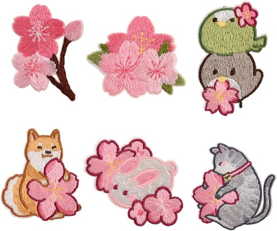 IUAQDP 6 Pieces Cherry Blossom Patches, Self Adhesive Flower Embroidered Applique Sticker, Cute Cartoon Animal Sew on Badge Repair Decal for Phone Case Scrapbook Clothes, Sakura Dog Bird Cat Rabbit