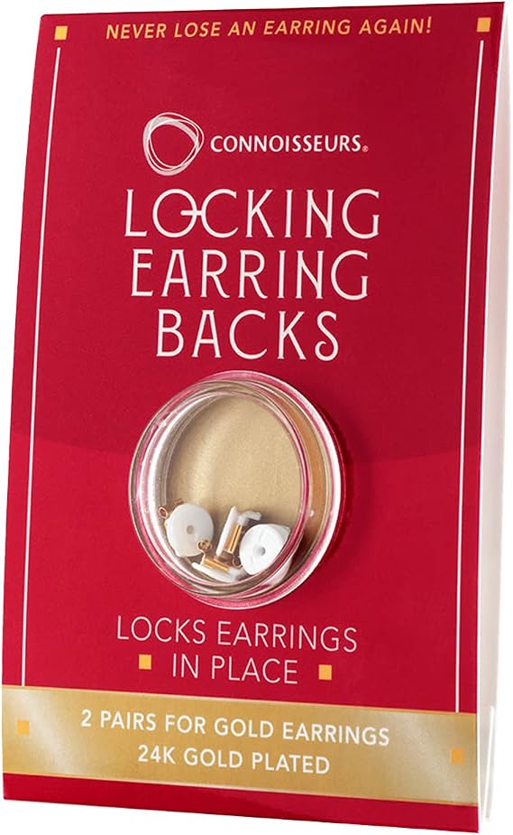 Connoisseurs Locking Earring Backs - 2 Pairs - Compatible with Most Gold Earrings - Fits 0.5-1mm Diameter Posts - Hypoallergenic