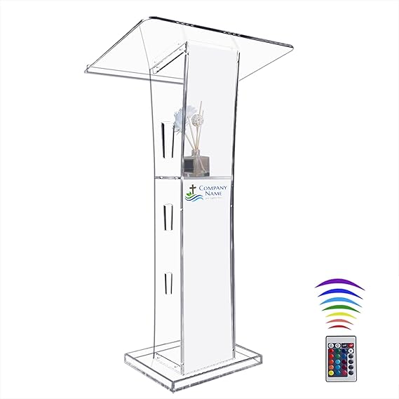 Acrylic Podium Customization Logo&Text, 43” Clear Pulpit for Churches with Storage Shelf, Modern Lectern with 15 Colors Adjustable for Classroom, Conference, Wedding
