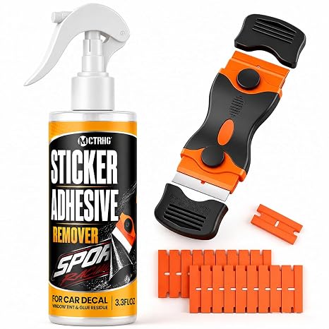 Adhesive Sticker Remover for Removing Car Decal, Window Tint, Glue Residue | 3.3 oz Spray & Scraper with 19 Plastic Razors, Rapid-Remove Multi Stickers on Cars, Windshield, Glass, Wall, Boat
