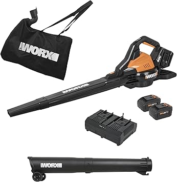 WORX Cordless Leaf Blower, 3 in 1 Blowers for Lawn Care with Leaf Vacuum & Leaf Mulcher, Electric Blower with Brushless Motor & 2 Speed Control, 2 4.0 Ah Batteries & Charger Included, WG583