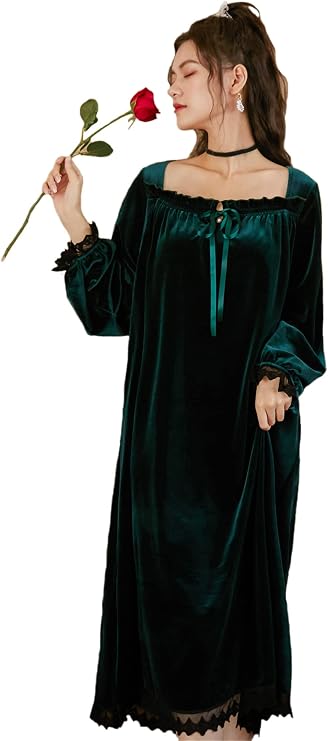 Women's Vintage Victorian Sleepwear Long Sleeve Fleece Nightgown Pajamas Nightwear Lounge Dress