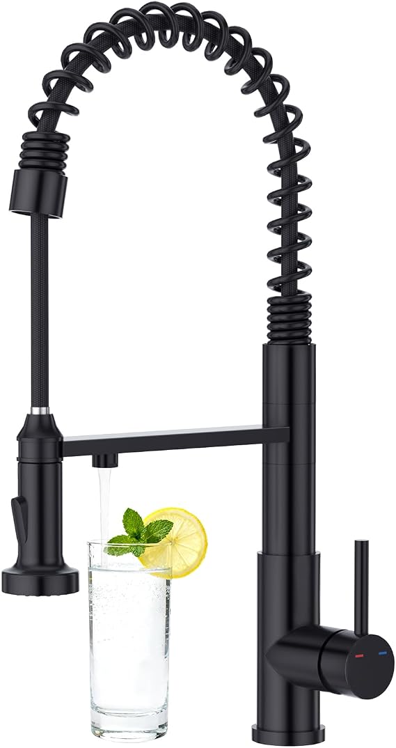 CREA 3 Way Kitchen Tap, Kitchen Sink Tap with Pull Out Sprayer Commercial Single Handle Lever Spring Water Filter Black