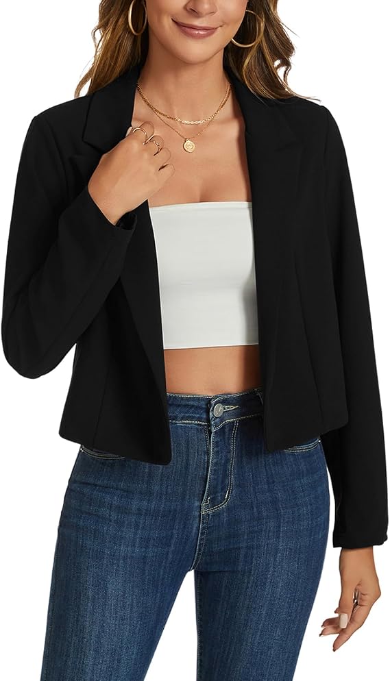 Women's Cropped Blazer Long Sleeve Notched Lapel Short Blazers Casual Open Front Crop Blazer Jacket, Black