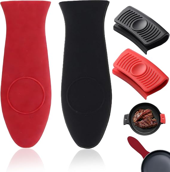 4 Pack Silicone Hot Handle Holder, Heat Resistant Pot Handle Cover ﻿ | Non-Slip Assist Pan Handles Sleeve for Cast Iron Skillets, Home Kitchen Cooking Accessories