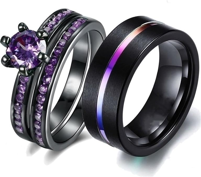 Mens Couple Rings, Six Claws with Purple CZ Black Rings Size 5-13, Matching Engagement Rings for Sister
