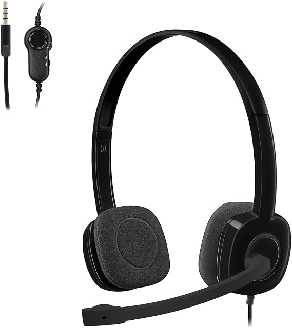 Logitech H151 Wired Headset Analog Stereo Headphones - Black | Analog headphones, rotating mic, 3.5 mm audio jack, in-line controls, compatible with PC, Mac, laptop, tablet, and smartphone