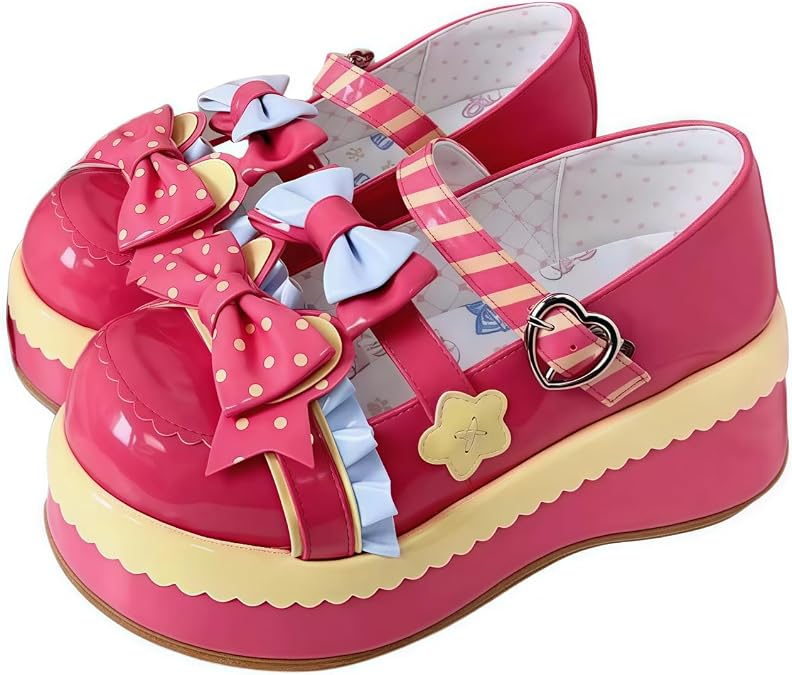 Women Lolita Shoes Heel Mary Jane Lace Pumps with Bow Kawaii Cute Cosplay Wedge Boots Cross Strap Block Heel Sweet Style