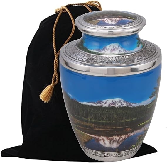 Picturesque Adult Cremation Urn - Handcrafted Funeral Urn for Ashes - Metal With Free Velvet Bag (Mountain)