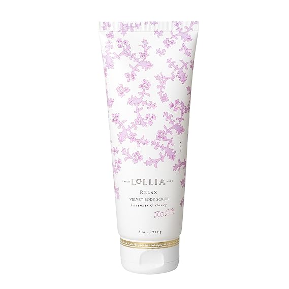 Lollia Relax Velvet Body Scrub, Lavender & Honey Scented Exfoliating Body Wash with Shea Butter for Dry Skin, Luxury Shower Essentials for Women