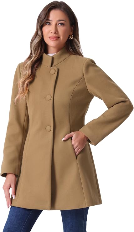 Allegra K Women Winter Overcoat Mid-Long Stand Collar Single Breasted Coat | Warm casual peacoat, Versatile office daily outerwear, Loose relaxed fit, Elegant stand collar detail,