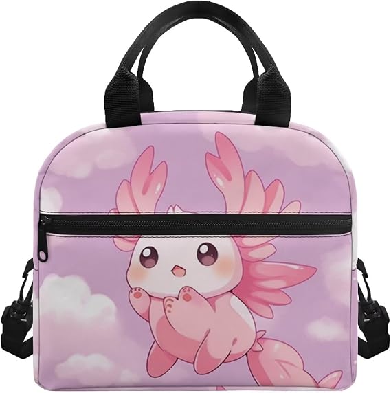 Showudesigns Cute Axolotl Lunch Bag for Girls 6-8 8-10 10-12 Lunch Box Containers Insulated Cooler Bags With Shoulder Strap Kids Women Lunch Bags Thermal Meal Tote Kit Purple