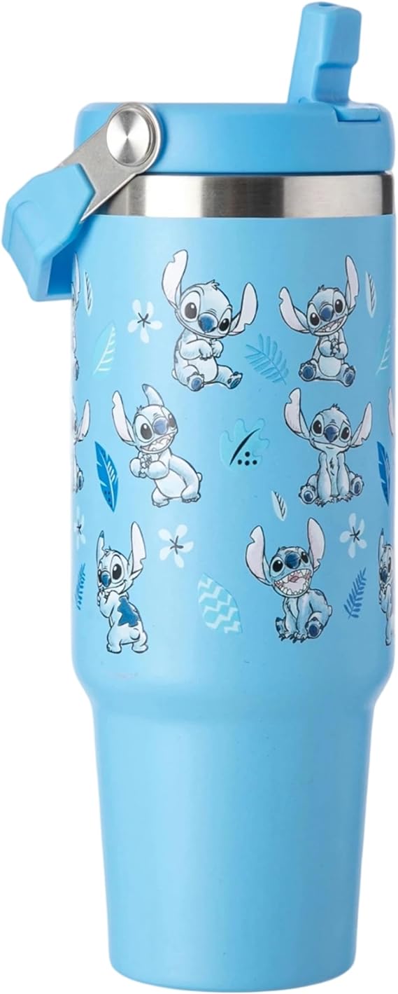 Disney Stitch 850ml Insulated Tumbler with Handle & Straw Lid, Double Wall Stainless Steel Travel Cup for Hot & Cold Drinks, Lilo & Stitch Reusable Bottle, Blue