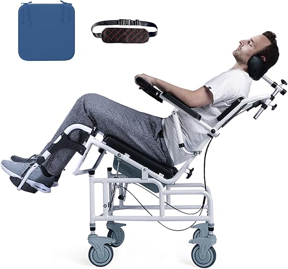 Shower Chair with Soft Cushion, Reclining Shower Chair with Wheels, Tilt 45 Shower Wheelchair with Commode, Adjustable Rolling Shower Chair