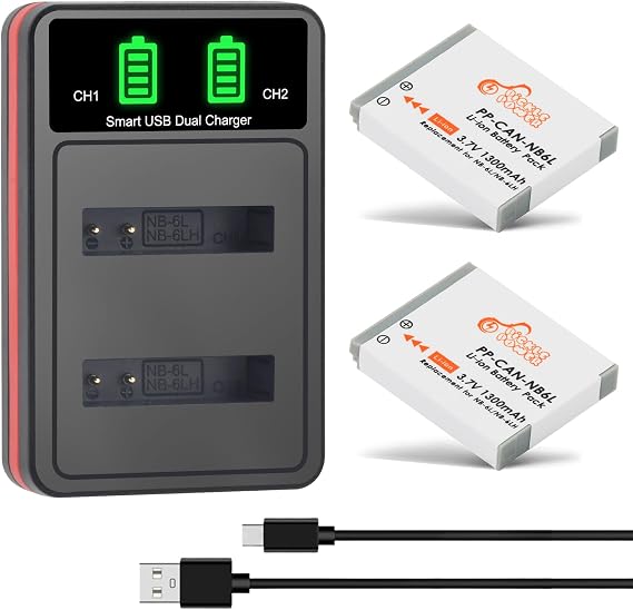 NB-6L NB-6LH Battery 2 Pack and LED Dual Charger for Canon PowerShot SX500 is, SX510 HS, SX520 HS, SX530 HS, SX540 HS, SX170 is, SX700 HS, SX710 HS, SX610 HS, SX280 HS, D20, D30, S90,S120
