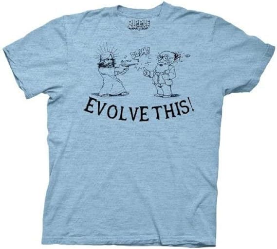 Paul Movie Evolve This! Jesus Shooting Darwin Light Blue Adult T-Shirt Tee