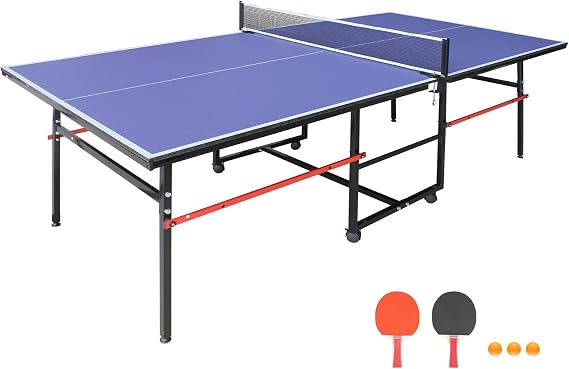 Professional Table Tennis Table, Foldable Ping Pong Game Set for Indoor, 8FT 9FT Single Player Playback Mode Ping Pong Table with Net and Post Set, 2 Paddles and 3 Balls (Blue-8x4FT)