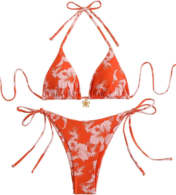 Tainehs Women's Sexy Tropical Floral Print Triangle Bikini Set Halter Neck Tie SideTwo Piece Swimsuits
