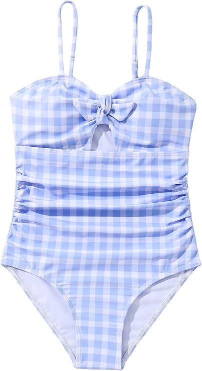 Floerns Girl's Gingham Print Ruched Cut Out Knot Front One Piece Swimsuit