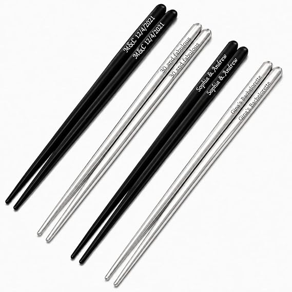 Personalized Chopsticks with Name Text Date, Custom Engraved Reusable Stainless Steel Metal Chop Sticks, Non-Slip Gift for Weddings, Housewarming, Anniversaries, Party Favors