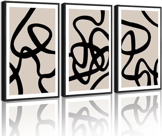 PHOPAGO Black Lines Abstract Wall Art Ink Wash Minimalist Framed Canvas Painting Artwork 11x14in Black Framed