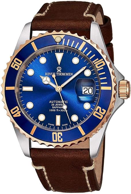 Revue Thommen Diver Mens Automatic Dive Watch - 42mm Blue Face with Luminous Hands, Magnified Date, Sapphire Crystal - Rose Gold Bezel Brown Leather Band Swiss Made Waterproof Diving Watch 17571.2555