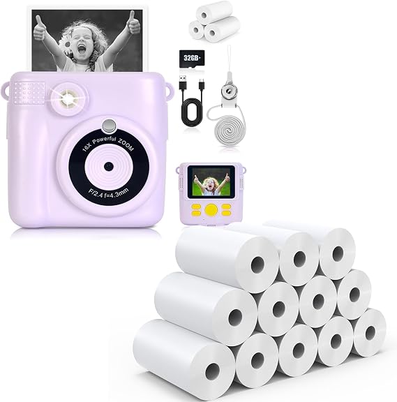 A Purple Kids Instant Camera Print and A Set of 12 Rolls Camera Refill Printer Paper