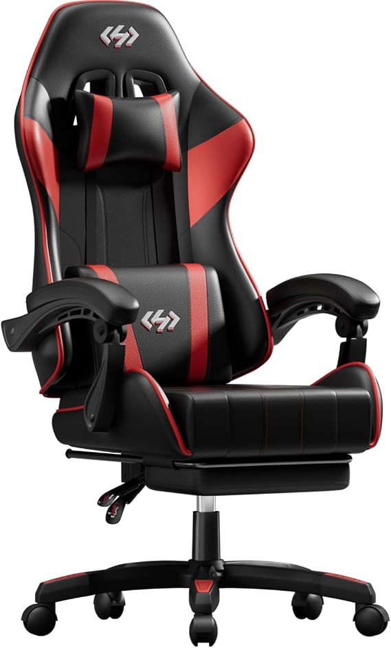 HLDIRECT Gaming Chair with Footrest, Lumbar Support & Headrest, Black&Red