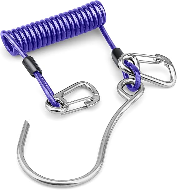 Scuba Diving Reef Hook with Retractable Lanyard and Clips | Full 316 Stainless Steel Single Drift Hook with Spring Coil Lanyard and Double Snap Clips, Easy to Attach on BCD