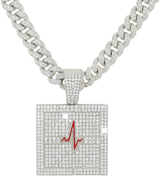 Electrocardiogram Hip-hop Cuban Chain, Pendant Miami Cuban Link Chain for Men, Gold/Silver Plated Diamond Necklace, Iced Out Hip Hop Necklace