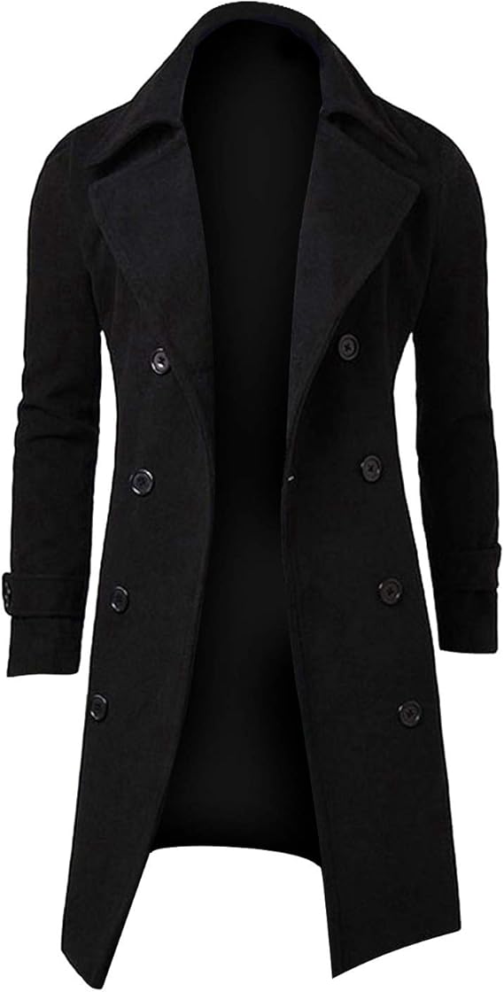 Long Trench Coat for Men UK Wool Overcoat Full Length Double Breasted Long Pea Coat Winter Warm Jacket Coat Business Casual Smart Outwear Slim Fit Trench Coat Cardigan Plus Size