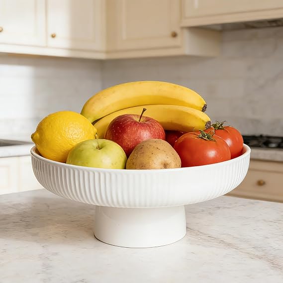 Ceramic Fruit Bowl, 11" White Fruit Tray for Modern Home Decor, Decorative Pedestal Bowl, Footed Bowl for Kitchen Counter, Large Bowls for Breads, Fruit Basket for Table Dish