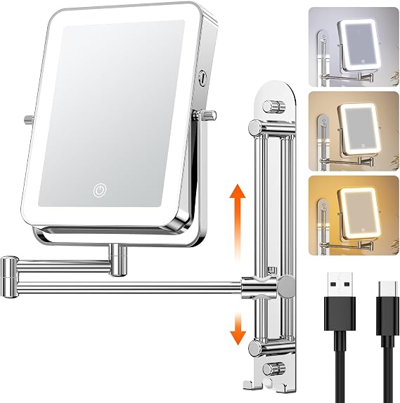 Gospire Height Adjustable Wall Mounted Lighted Makeup Mirror with Hooks