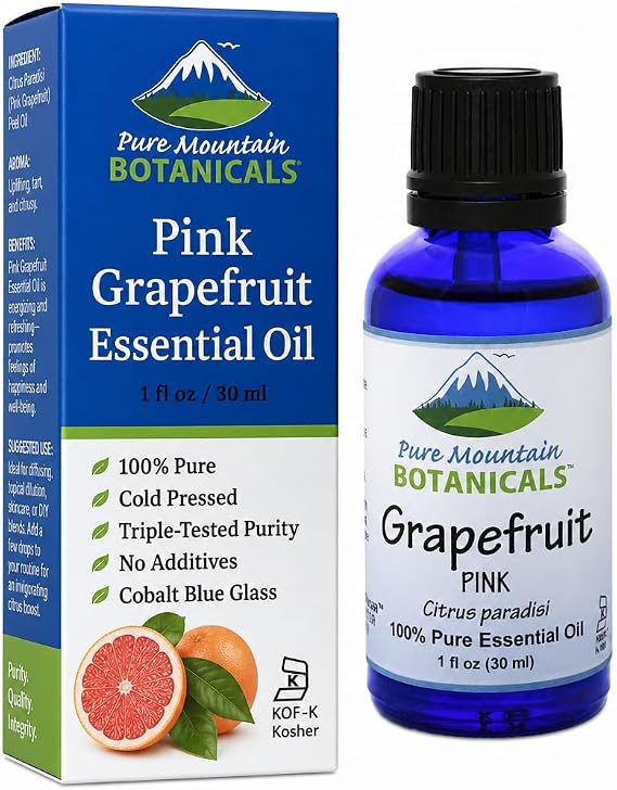 Pure Mountain Botanicals Pink Grapefruit Essential Oil - 1 fl oz | Cold Pressed, Citrus Paradisi, Kosher Certified, Undiluted, Aromatherapy, Diffuser, Massage, Skincare, Glass Bottle