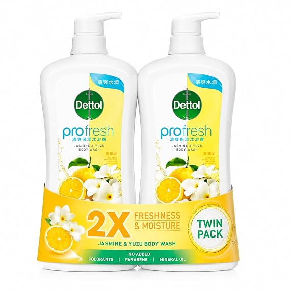 Dettol ProFresh Anti-Bacterial Body Wash, Jasmine & Yuzu Scent, 900g per Bottle (Pack of 2, Total 1800g) - Refreshing & Hydrating, Kills 99.9% of Germs, pH Balanced
