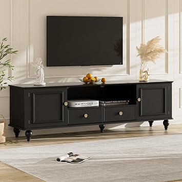 TV Stand for TVs up to 80 Inches, Modern Entertainment Center with Storage Cabinets Drawers Open Shelves for Living Room (Black + MDF + 70-79 inches)