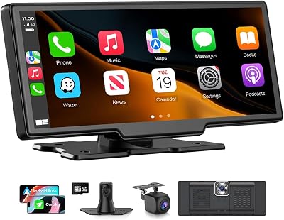 Wireless Carplay Screen for Car, 10.26 HD Carplay and Android Auto Touch Screen, Portable Car Tablet with 4K Dash Cam, Audio Receivers with Backup Camera, GPS Navigation, Voice Control, Mirror Link