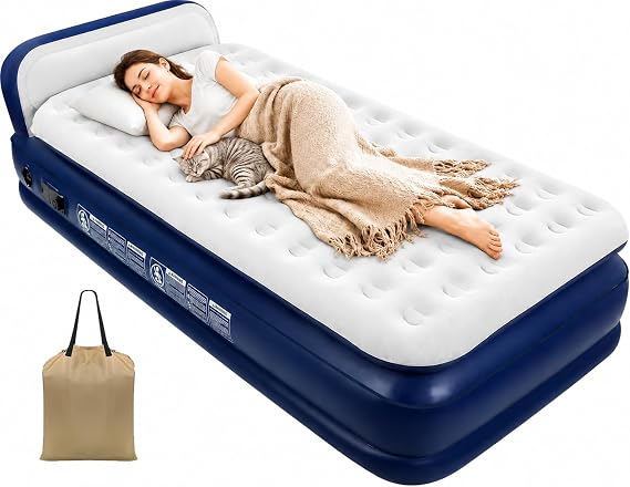 KMZ Twin XL Air Mattress with Headboard & Built-in Pump, 16 Raised Inflatable Bed for Adults, Portable Blow Up Mattress for Guests, Dorms & Home Use