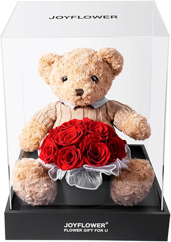 JoyFlower Preserved Flowers Cute Teddy Bear, Eternal Real Roses Romantic Gift with Acrylic Cover for Girlfriend Wife Mom Women Her in Valentine's, Birthday, Christmas, Weddings, Anniversaries(Red)